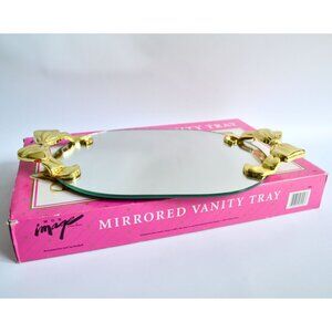Mon Image Vintage Vanity Tray Mirrored Gold Bow Handles With Original Box